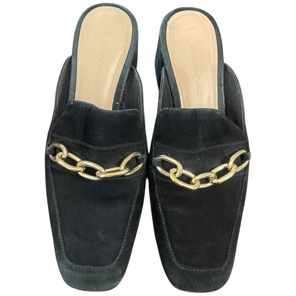 Banana Republic Black Suede Block Heel Mules Gold Chain Link Detail Size 7